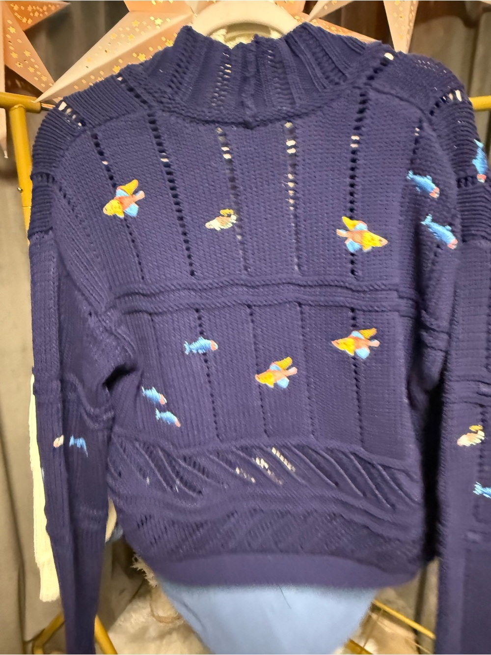 Maeve Anthropologie Embroidered Icons Cardigan Sweater- Navy Fish - Picture 8 of 9